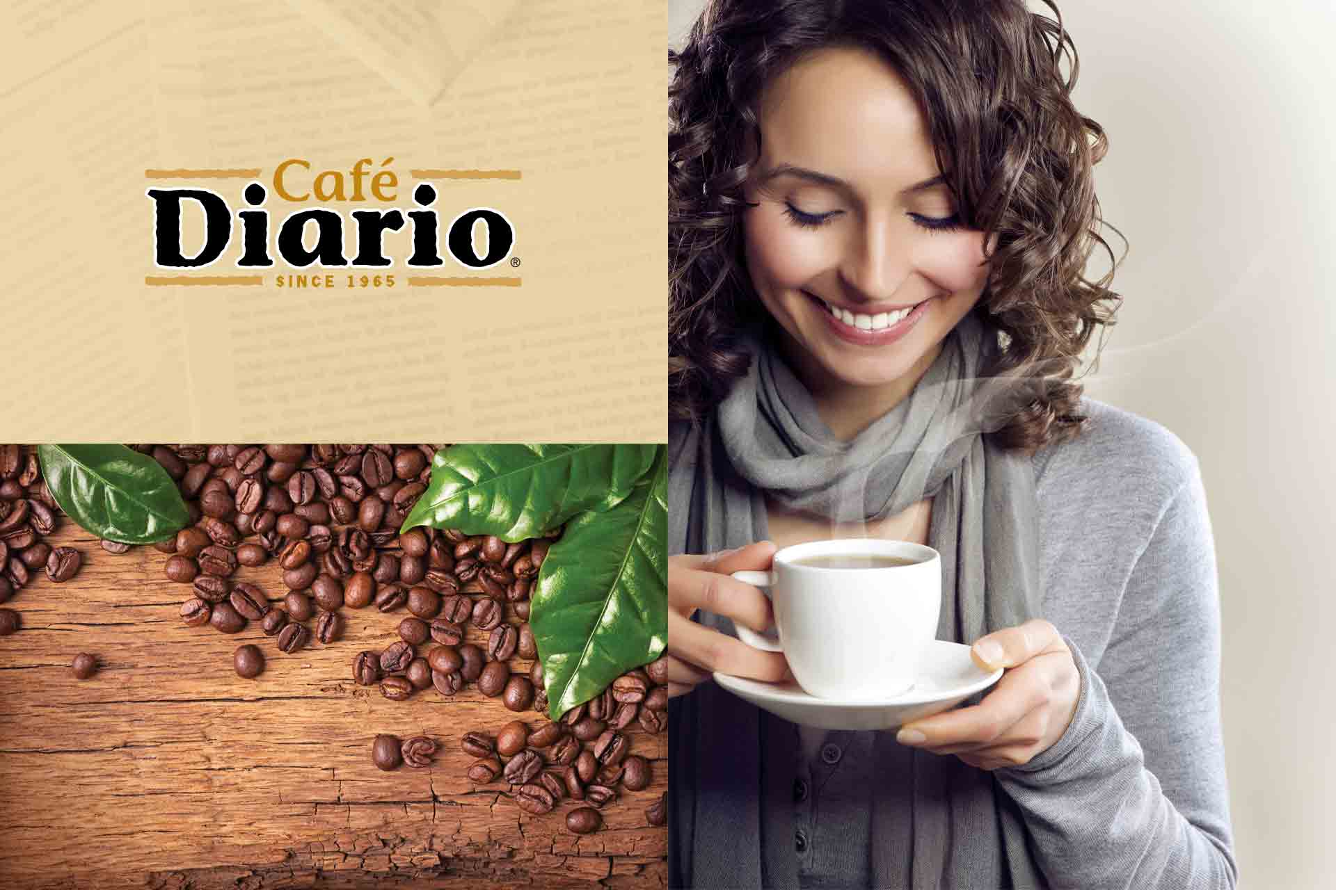 Cafe Diario packaging lineup with coffee bags and cups