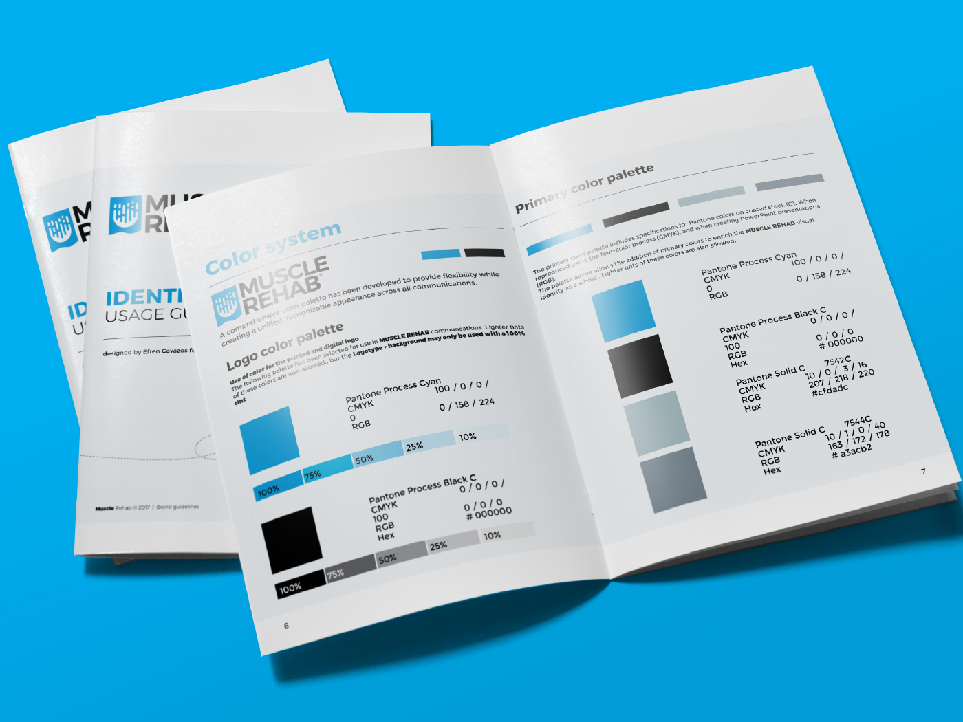 Muscle Rehab brand guidelines spread showing logo, color, typography