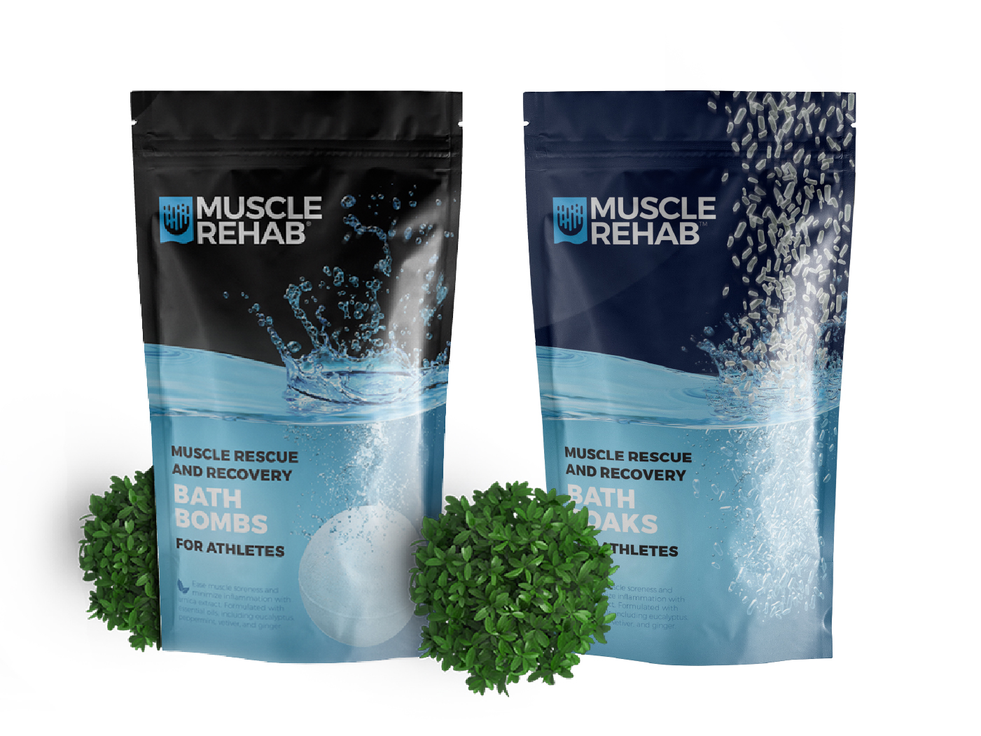 Muscle Rehab product lineup: bath bombs and salts in unified system